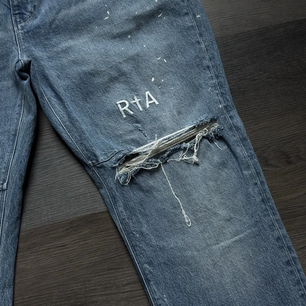 RtA Clayton Skinny Jeans Mens 42 Distressed White Paint Splatter Pintuck Dagger